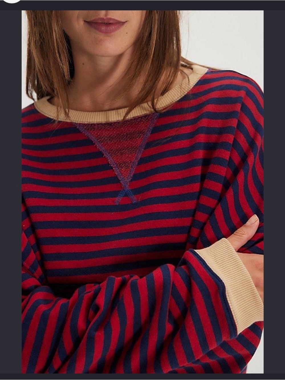 Free People Red & Navy Striped Crewneck Sweater with Cream Trim